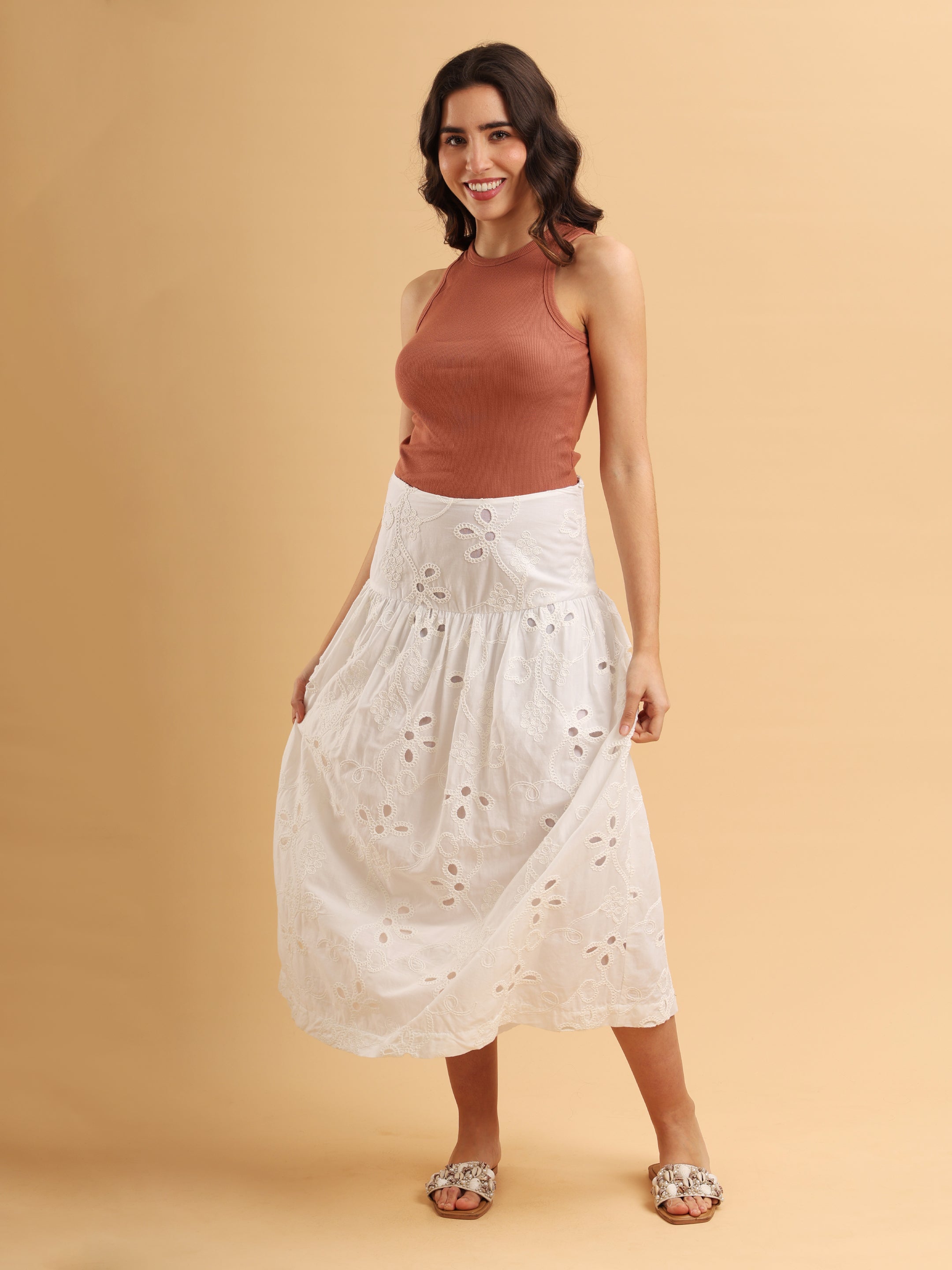 Aurelle Eyelet Embroidered Midi Skirt