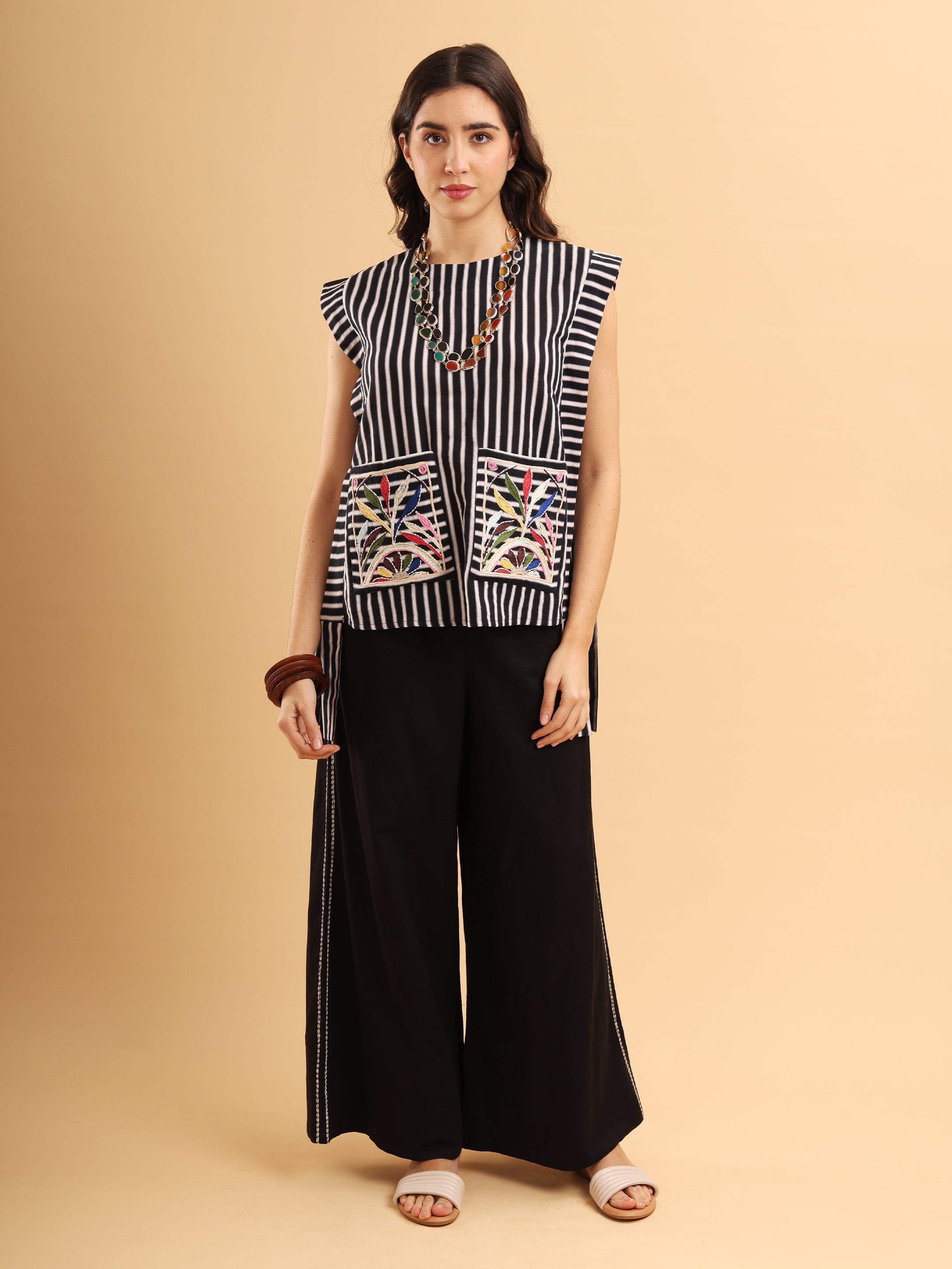 Zyra Stripe Embroidered Pocket Top