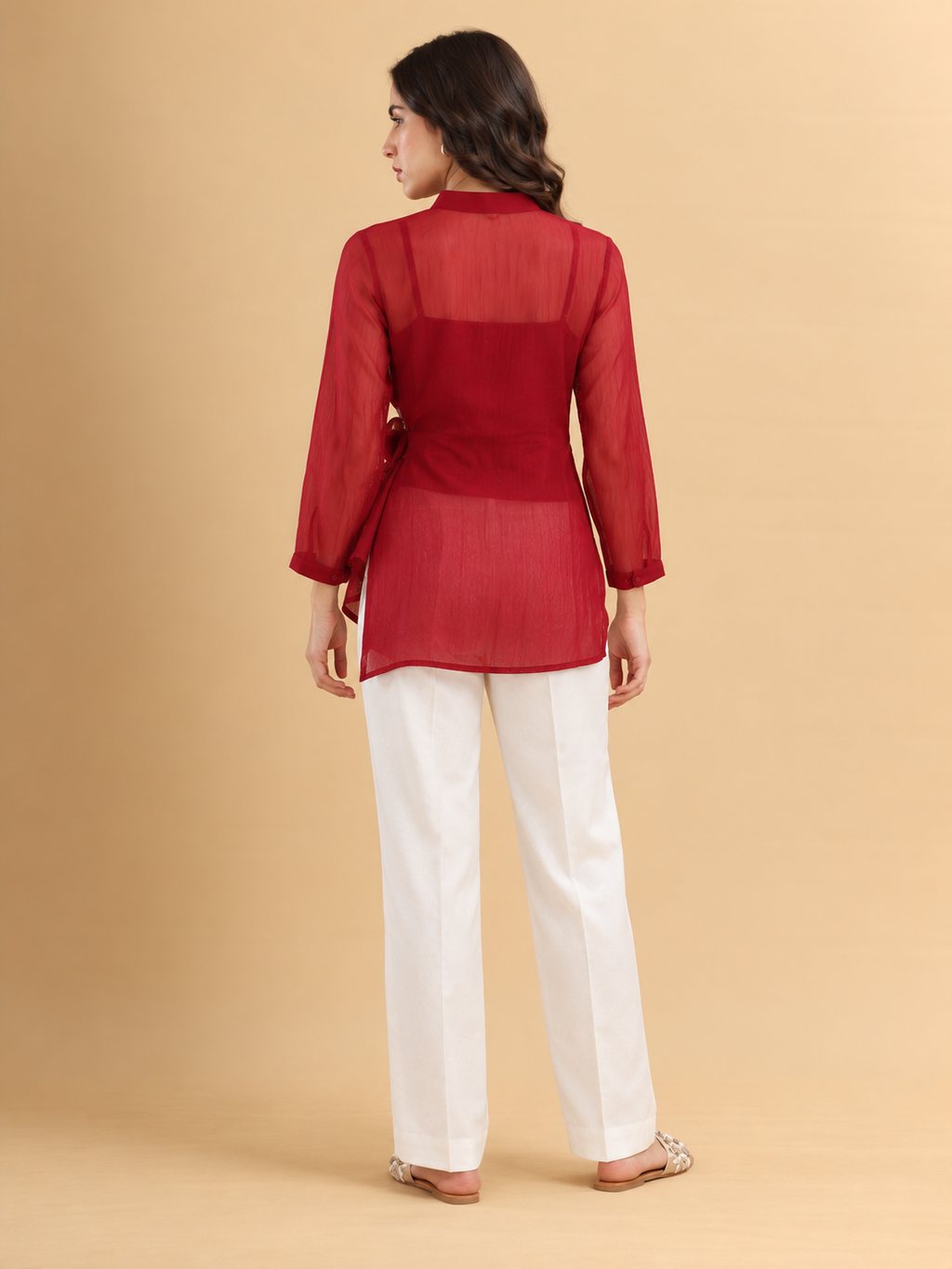 Ruby Elegance Embroidered Tie-Waist Tunic