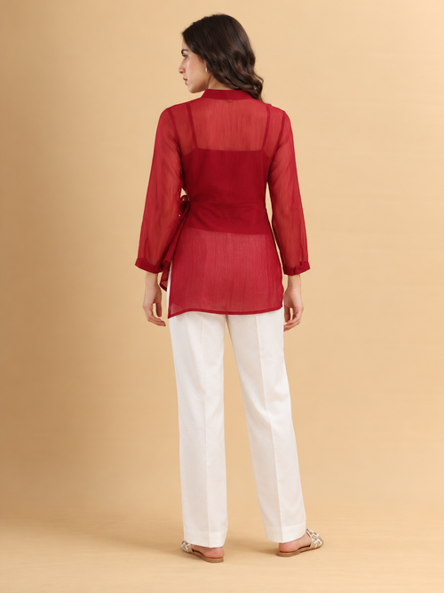 Ruby Elegance Embroidered Tie-Waist Tunic