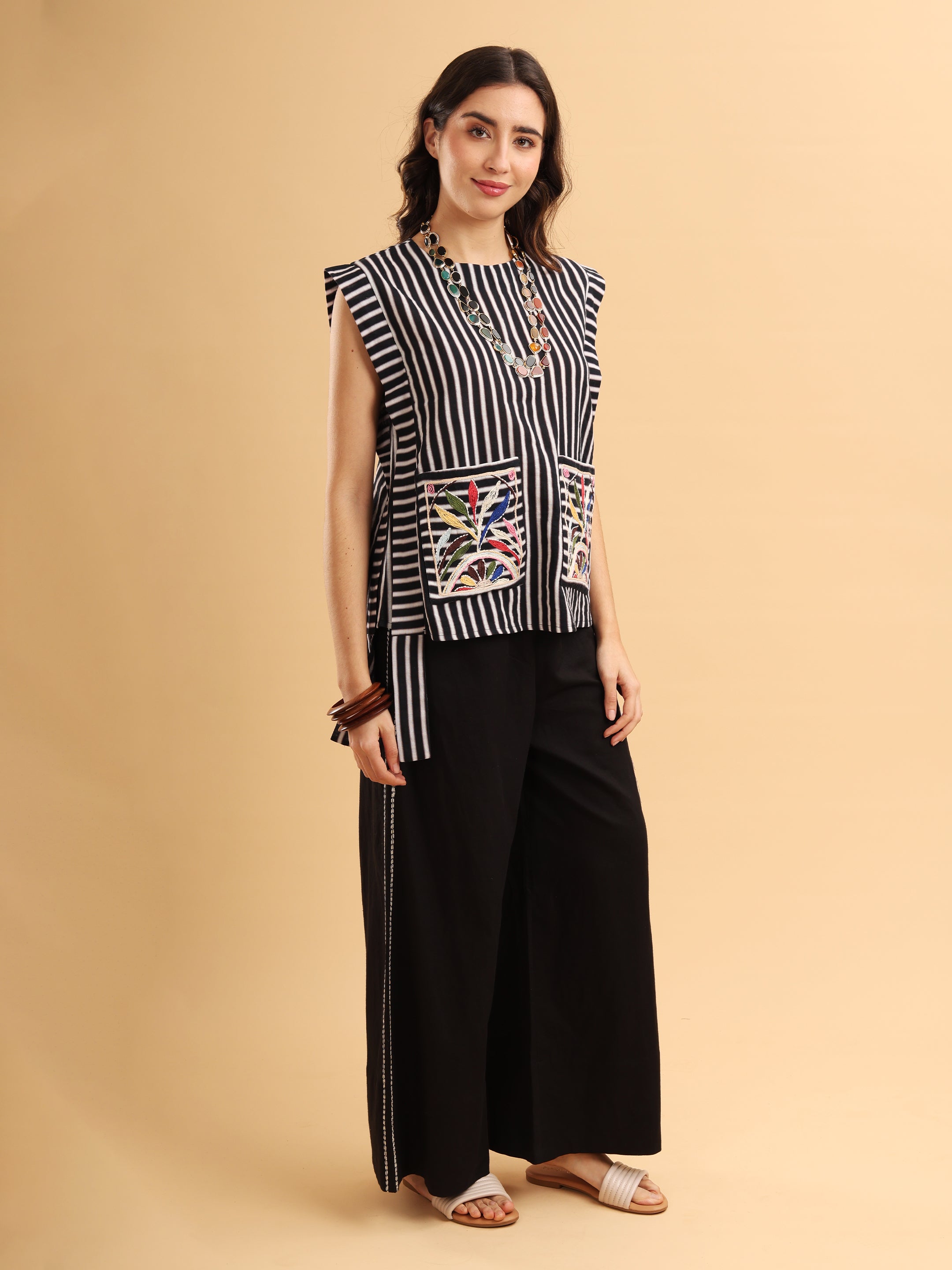 Zyra Stripe Embroidered Pocket Top
