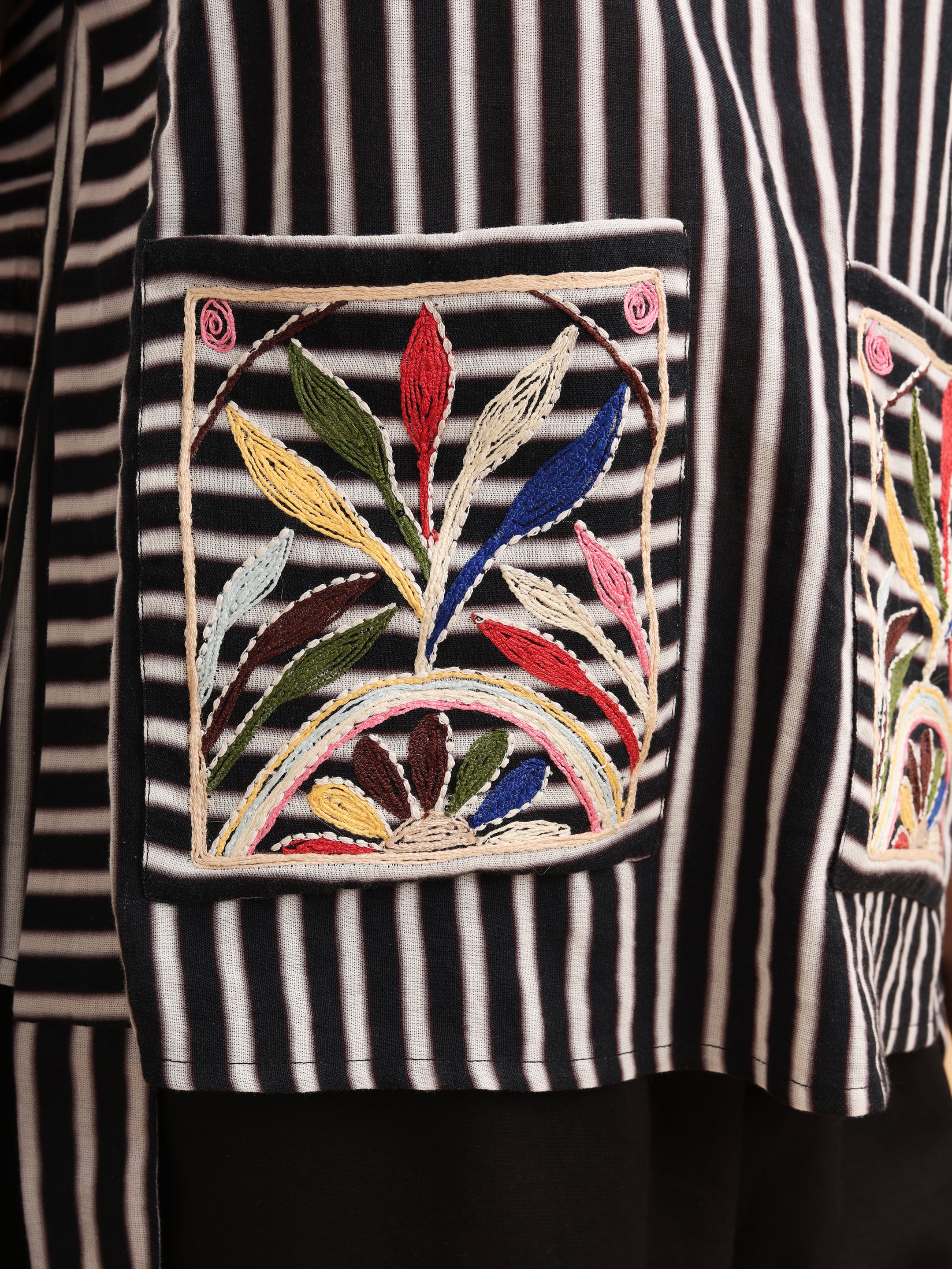 Zyra Stripe Embroidered Pocket Top