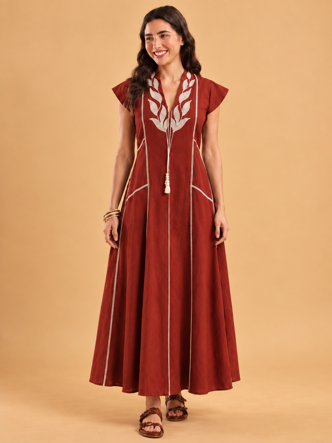 Rust Leaf Panel Maxi Dress