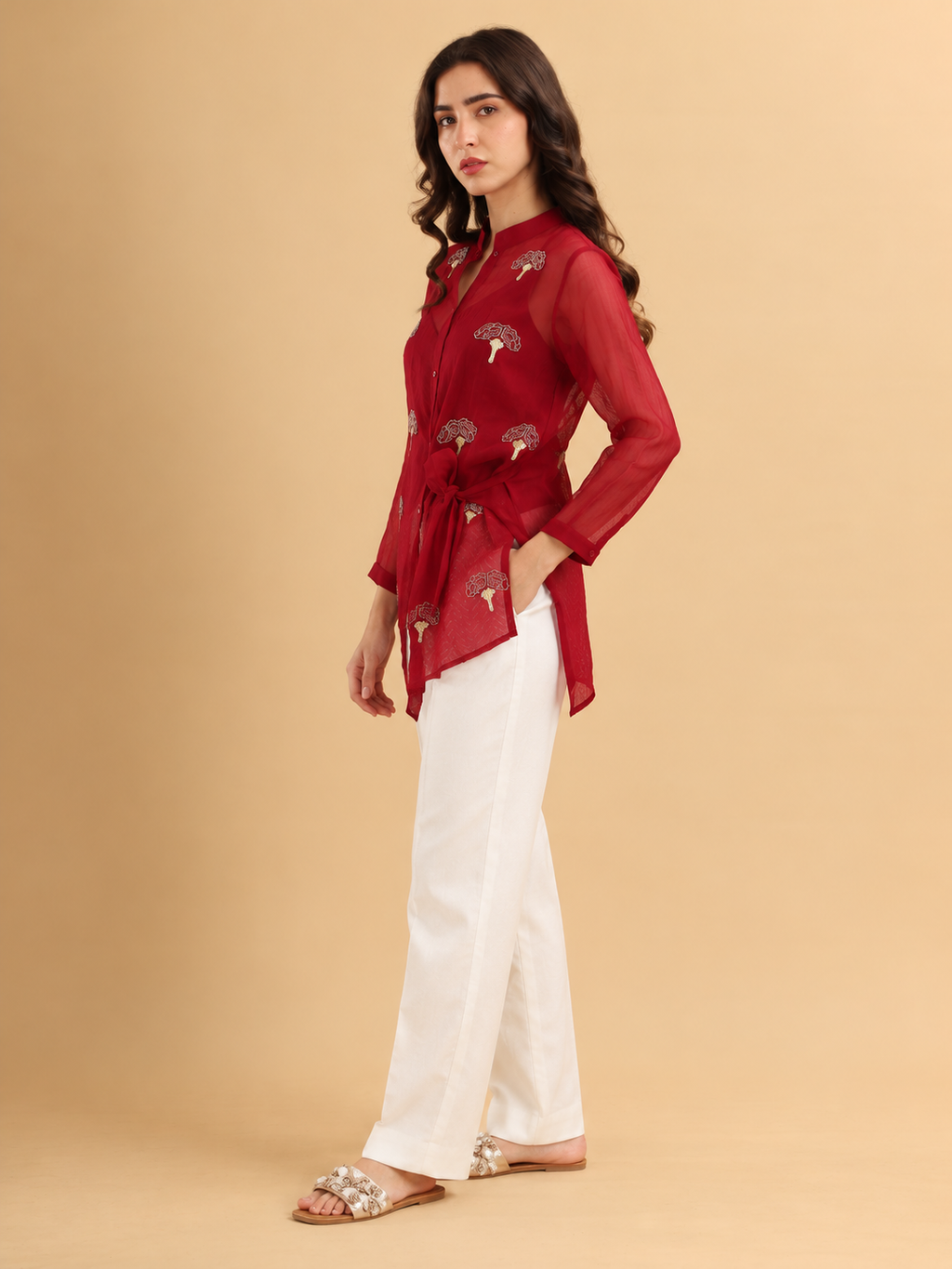Ruby Elegance Embroidered Tie-Waist Tunic