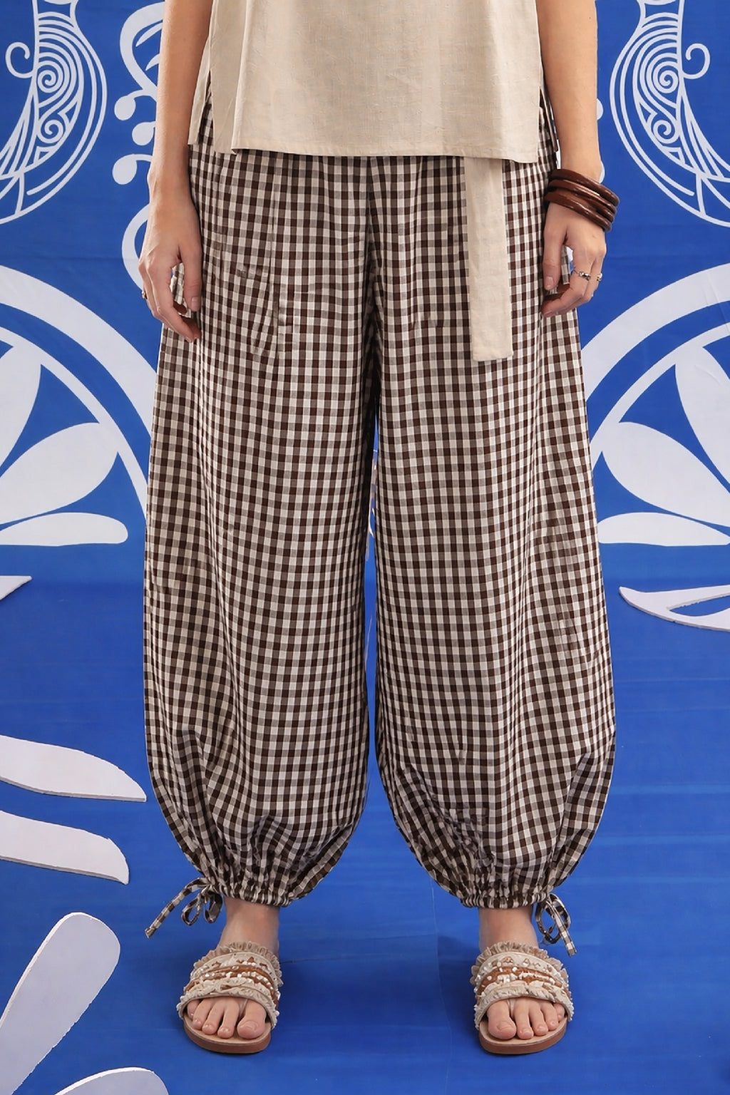 Mocha Check Balloon Trousers