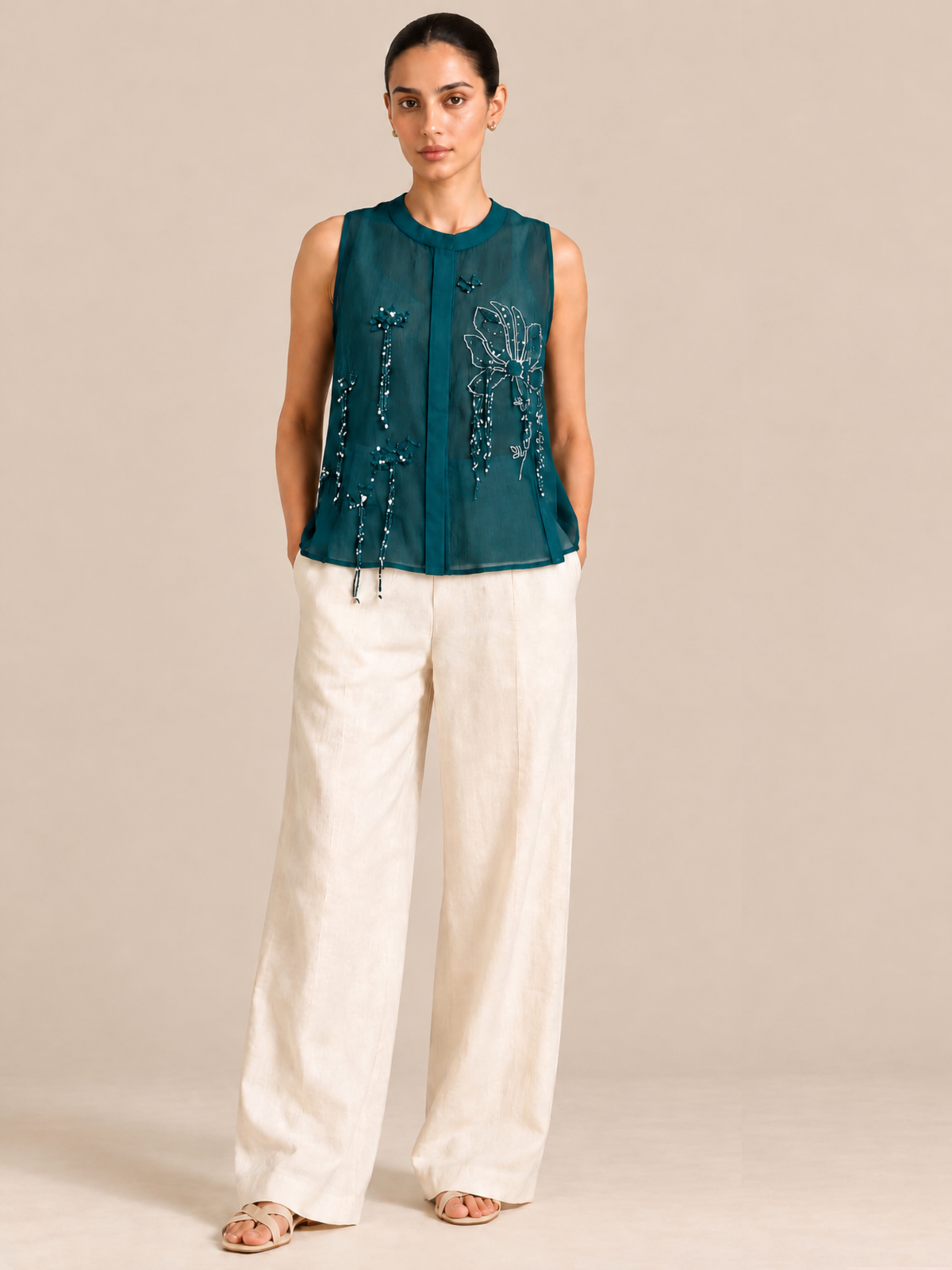 Teal Bloom Embroidered Sleeveless Top