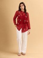 Ruby Elegance Embroidered Tie-Waist Tunic